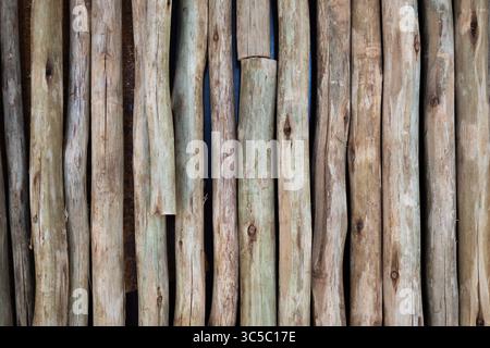 Close-up view of vertical wooden logs forming a rustic fence or wall, with visible textures, knots, and natural imperfections. Stock Photo