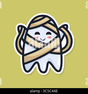 Adorable happy mummy ghost sticker design on yellow background. Ghost sticker with cute expression Stock Vector