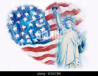 Statue Liberty on flag american- hand drawn in white background. Watercolor painting of symbol famous landmarks of world, business city, Hand painted Stock Photo