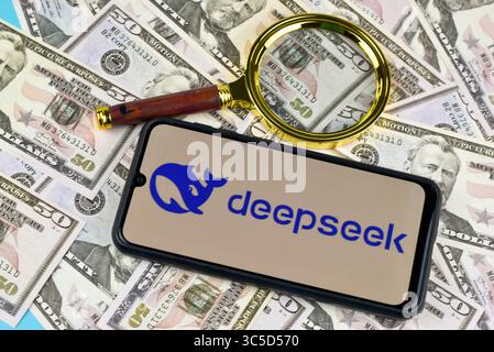 Selangor, Malaysia - January 13, 2025: Close-up of a mobile phone screen showcasing the DeepSeek brand. Stock Photo
