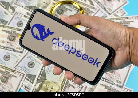 Selangor, Malaysia - January 13, 2025: Close-up of a mobile phone screen showcasing the DeepSeek brand. Stock Photo