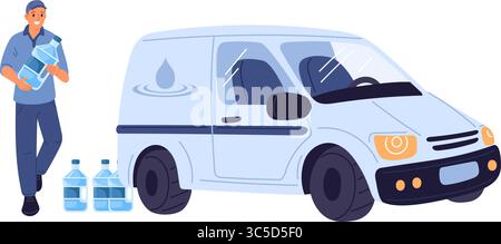 Male delivery man brought drinking fresh water in plastic bottles for office cooler. Courier automobile van. Man carrying plastic aqua gallon canister Stock Vector