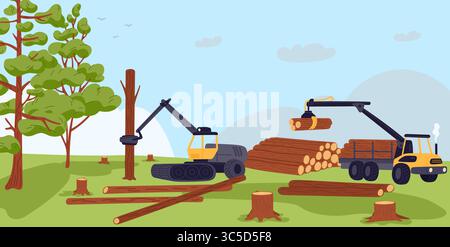 Logging machines cutting down trees. Destroying forest. Natural disaster. Stumps in desolate area. Logs chopping. Nature ecosystem damage and deforest Stock Vector
