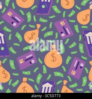 Financial instruments. Paper bills and money bags. Finance seamless pattern. Repeated print. Dollar banknotes. Cash payment. Millionaire savings. Cred Stock Vector