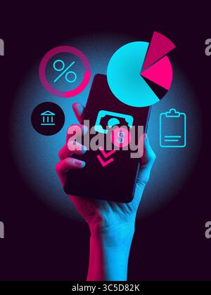 Bright collage. Female hand holding smartphone with bitcoin icon and glowing crypto graph Stock Photo
