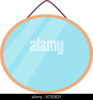 Mirror in simple flat cartoon style with beige frame and blue glass surface with reflections. Stock Vector