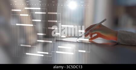 Project Management and Workflow Scheduling Illustrated on a Digital Gantt Chart Interface. Stock Photo