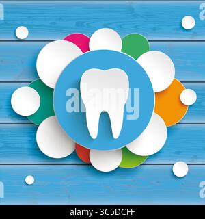 White Tooth Colored Circles Blue Wood Dentist cover with a white tooth on the blue wooden background. Stock Photo