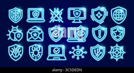 Antivirus cybersecurity neon icon set with bugs, shields, laptops, privacy protection. Perfect for UI design, software, IT security graphic design Stock Vector