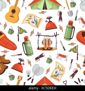 Camping seamless pattern. Outdoor equipment for outdoor activities. Tourists tent. Picnic bonfire. Repeated print. Hiking boots. Travel map. Gas burne Stock Vector