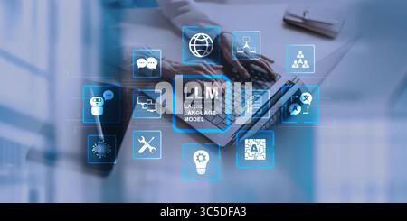LLM Large Language Model Technology and Artificial Intelligence Applications on a Virtual Interface. Stock Photo