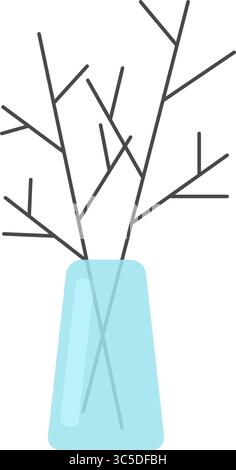 Dry branch in glass vase as a home eco interior decor. Simple flat design. Stock Vector