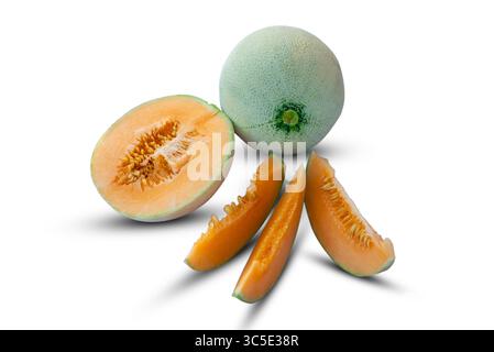 Cantaloupe melon and melon slice isolated on white background Stock Photo