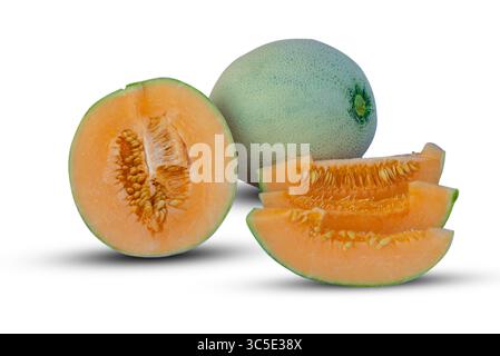Cantaloupe melon and melon slice isolated on white background Stock Photo