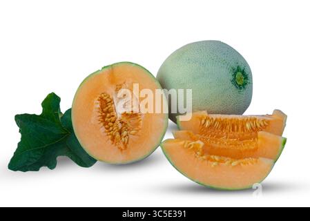 Cantaloupe melon and melon slice isolated on white background Stock Photo