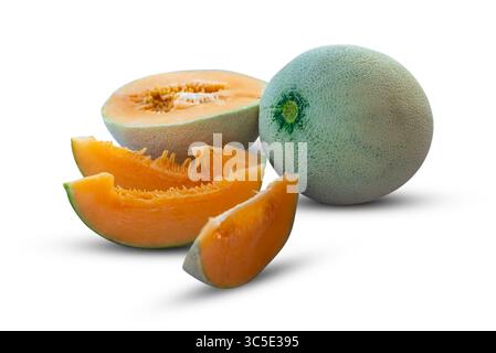 Cantaloupe melon and melon slice isolated on white background Stock Photo