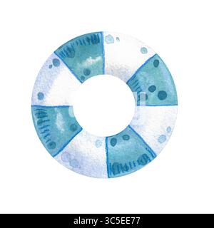 Watercolor illustration of lifebuoy, blue and white colors. Element for beach holiday. Hand drawn clipart for sea travel, elements for marine design, Stock Photo