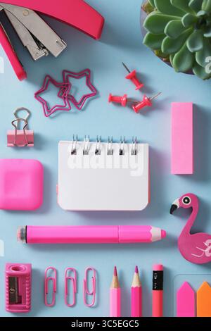 Stationery background with small notepad and pink supplies eraser, sharpener, felt tip pens, paper clips, clipboards, paper clips, sticky notes Stock Photo