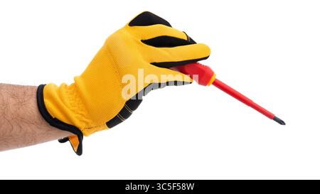 Hand in yellow glove holding a red screwdriver Stock Photo
