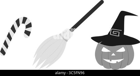 Freehand Striped Candy Cane Broom and Jack Lantern in Witch Hat Grayscale Halloween design elements. Set Isolated Vector illustration Halloween Sticker Icon Pictogram Greeting Cards Invites, leaflets Stock Vector