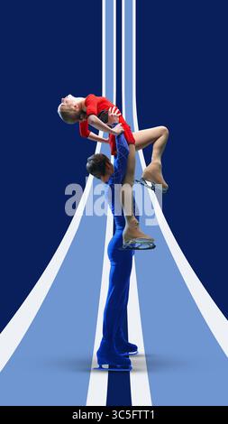 Creative artwork of figure skating pair performing lift in red and blue costumes on stylized frozen path Stock Photo