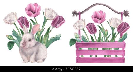 Cute baby rabbit and wooden box with tulips. Hand drawn watercolor illustration of bunny in purple and white flowers for Easter design on isolated bac Stock Photo