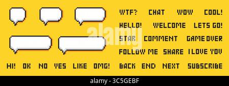 Pixel speech bubbles. Chat speech or dialogue. Set of empty pixel speech bubbles. Vector illustration on yellow background Stock Vector