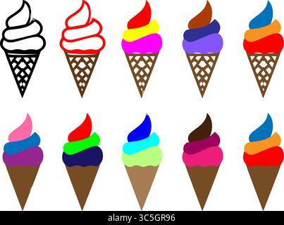 Colorful Ice Cream Cone Icons - Variety Pack, Sweet Treats Stock Vector