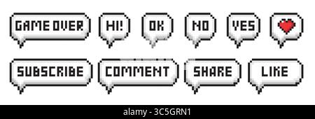 Pixel speech bubbles. Chat speech or dialogue. Set of empty pixel speech bubbles. Vector illustration on white background Stock Vector