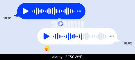 Voice chat icon. Audio messages in messenger, play button, waveform, chat bubbles, emoji reaction, like symbol, night interface, mobile screen, digita Stock Vector