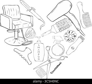 Hair salon items symbols Salon heart shape composition. Vector graphic line ink illustration. Banner, poster, wrapping paper, sticker, print, modern t Stock Vector