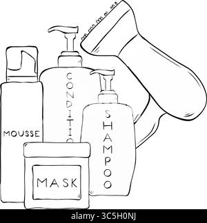 Hairdryer, shampoo bottles Salon composition. Vector graphic line ink illustration. hair salon collection. Outline hairdryer and comb icon vector. web Stock Vector