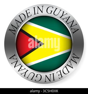Made in Guyana button icon. Circular emblem with metallic border, glossy central flag, and bilingual label indicating product origin and international Stock Vector