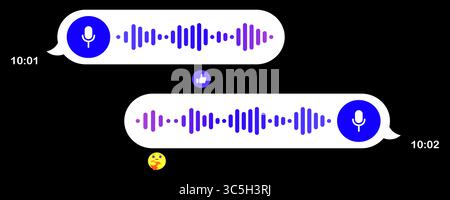 Voice chat icon. Audio messages in messenger, play button, waveform, chat bubbles, emoji reaction, like symbol, night interface, mobile screen, digita Stock Vector