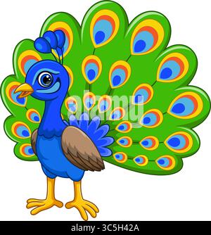 Cute peacock cartoon. Beautiful peacock cartoon on white background Stock Vector