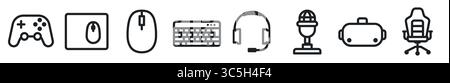 PC gaming equipment icon set. 48x48 pixels size. gamepad, mouse pad, mouse, keyboard, headset, vr helmet, gaming chair icon sheet. Stock Vector