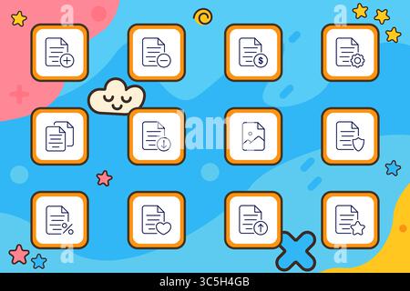 Document set icon. Paper icons with plus, minus, heart, shield, percentage, dollar, clock, upload, download, gear, and star symbols outlined in colorf Stock Vector