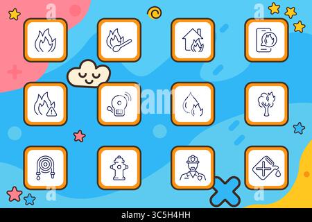 Fire safety set icon. Various fire-related elements including flames, alarms, matches, hydrants, hoses, firefighters, trees, and burning houses in out Stock Vector