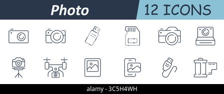 Photo set icon. Outlined icons display various cameras, memory devices, photo files, drones, tripods, film reels, USB sticks, and screens, covering ph Stock Vector