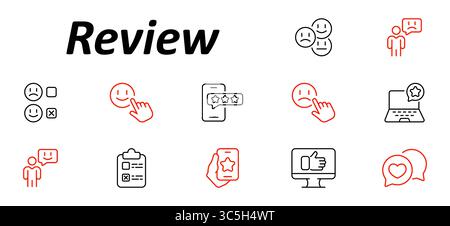 Review set icon. Smiley faces, stars, thumbs, clipboards, mobile ratings, user feedback, laptops, comments, surveys, and expressions in outlined icons Stock Vector