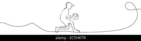 Black baseball player figure with ball in single line art style. Editable minimalist drawing on white background. Vector illustration. Stock Vector