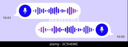 Messaging icon. Voice messages in chat interface, light theme, sound waveforms, play controls, conversation screen, digital reply, mobile UI, clean la Stock Vector