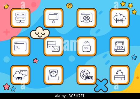 Hosting set icon. Server, shared folder, settings, cloud hosting, code window, email server, SSL padlock, SSD disk, VPS cloud, backup disk, DNS networ Stock Vector