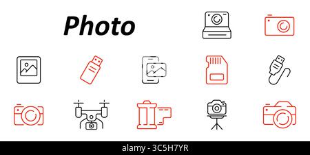 Photo set icon. Cameras, image files, film roll, tripod, memory card, flash drive, drone, cable, and mobile device elements linked to photography, sto Stock Vector