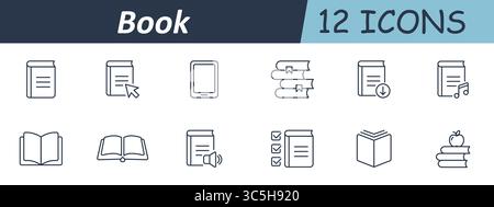 Book set icon. Linear icons display closed, open, stacked books, tablet, audio, checklist, music, apple, bookmarks, digital formats, reading interface Stock Vector
