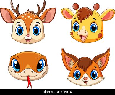Illustration of Cute wild animal head. cartoon set collection with white background Stock Vector