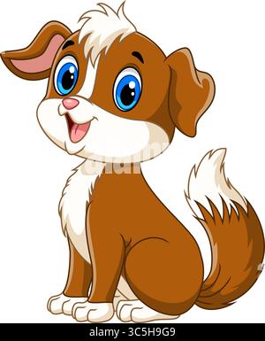 Illustration of cartoon little cute dog and adorable sitting and smiling on white background Stock Vector
