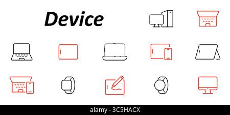 Device set icon. Laptops, tablets, smartwatches, desktop monitors, drawing pads, smartphones, and styluses in minimalist outline style with black and Stock Vector