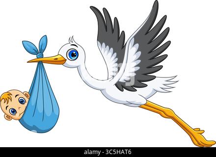 Cartoon of a cute stork carrying a newborn baby on white background Stock Vector