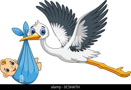 Cartoon of a cute stork carrying a newborn baby on white background Stock Vector